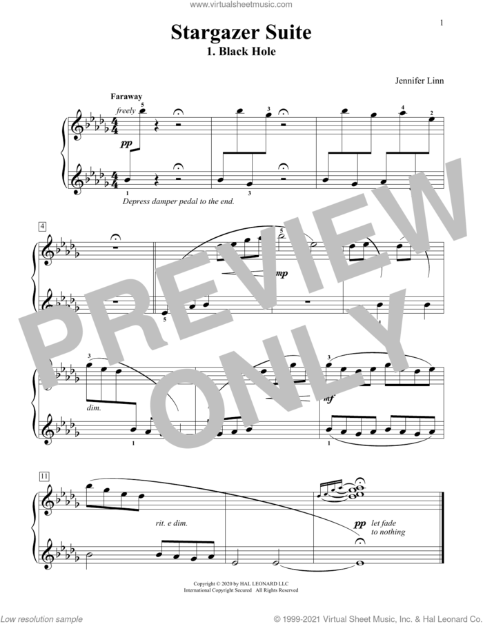 Stargazer Suite: 1. Black Hole sheet music for piano solo (elementary) by Jennifer Linn, classical score, beginner piano (elementary)