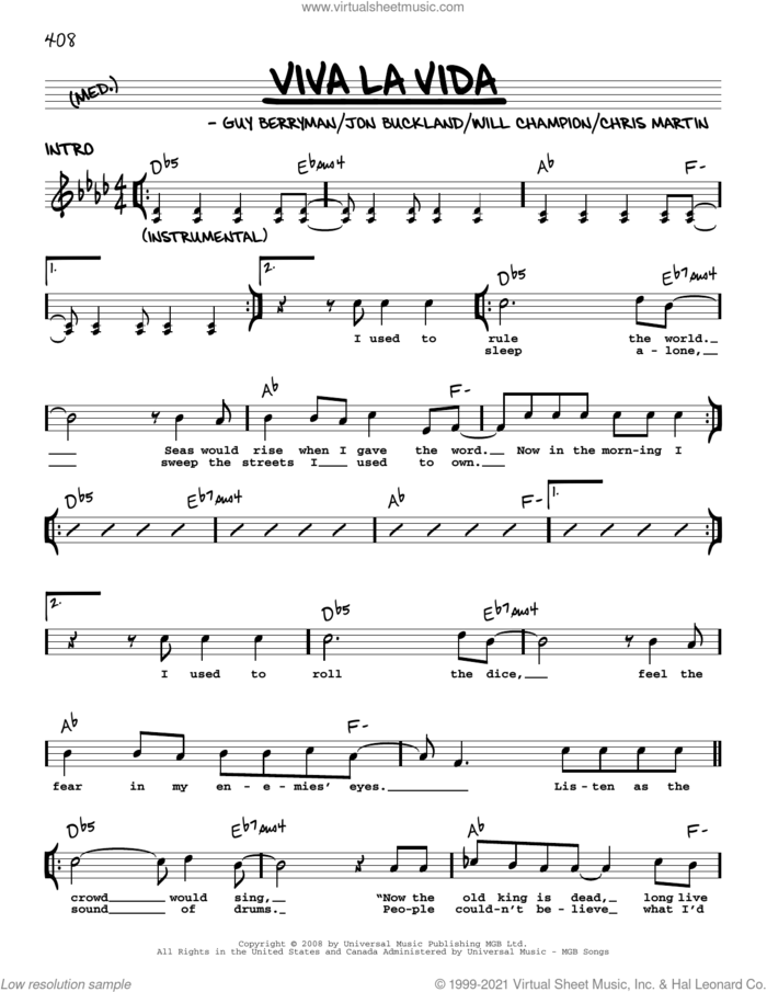 Viva La Vida sheet music for voice and other instruments (real book with lyrics) by Coldplay, Chris Martin, Guy Berryman, Jon Buckland and Will Champion, intermediate skill level
