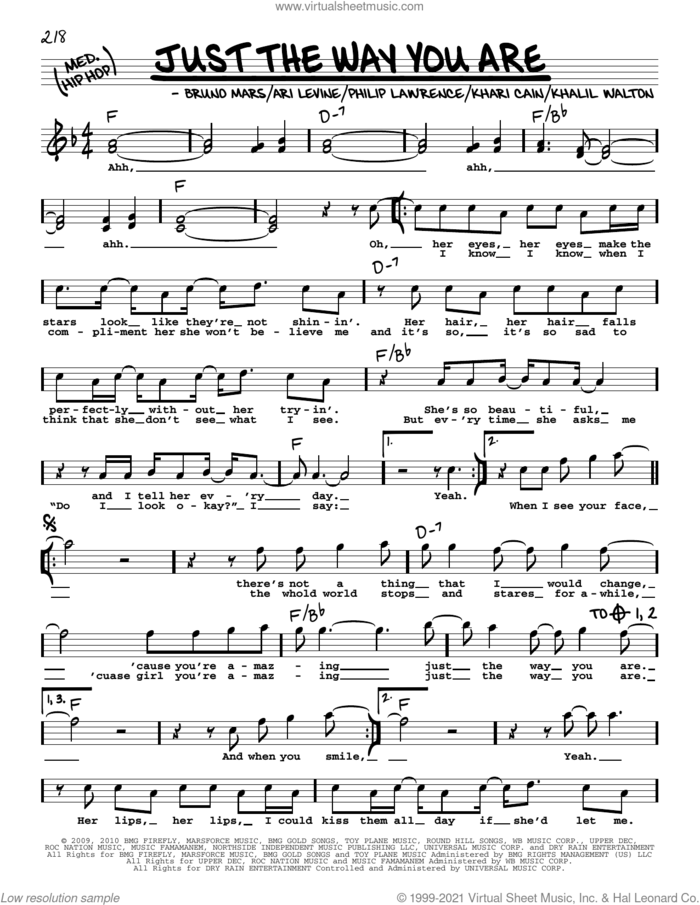 Just The Way You Are sheet music for voice and other instruments (real book with lyrics) by Bruno Mars, Ari Levine, Khalil Walton, Khari Cain and Philip Lawrence, wedding score, intermediate skill level