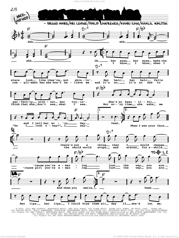 Just The Way You Are sheet music for voice and other instruments (real book with lyrics) by Bruno Mars, Ari Levine, Khalil Walton, Khari Cain and Philip Lawrence, wedding score, intermediate skill level