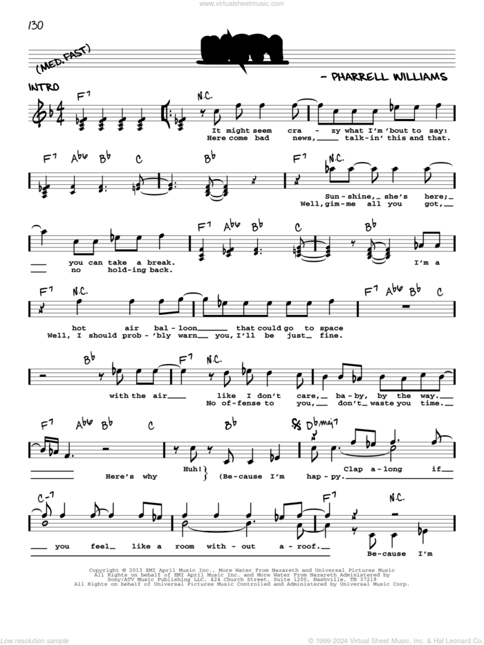 Happy sheet music for voice and other instruments (real book with lyrics) by Pharrell and Pharrell Williams, intermediate skill level