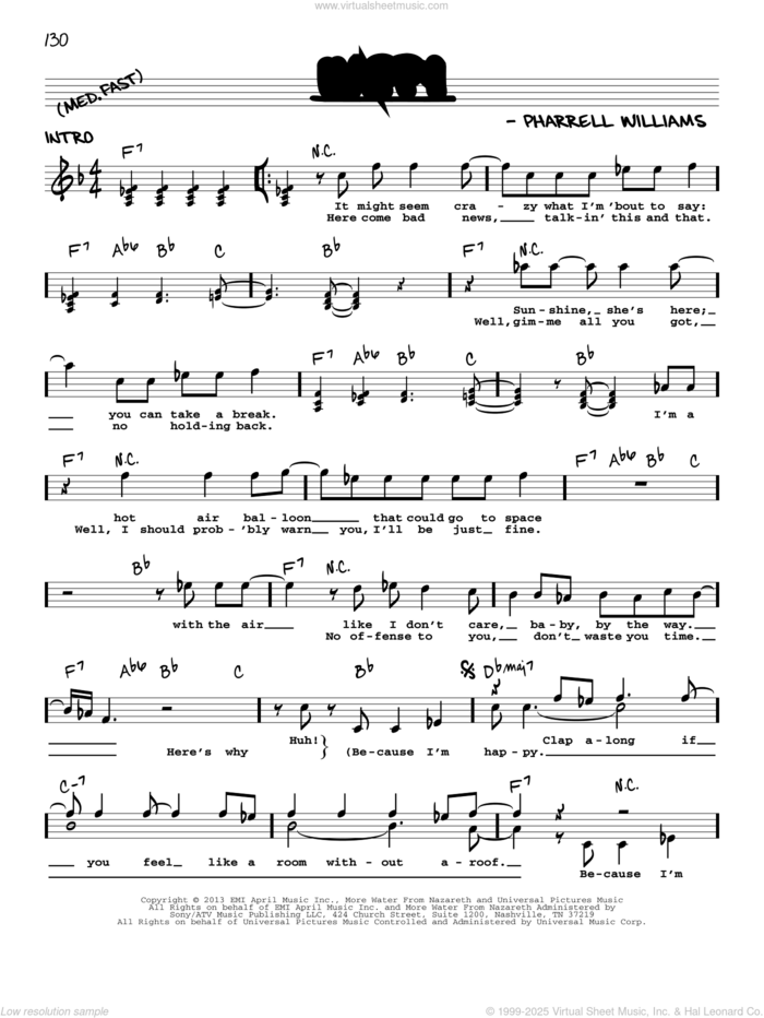 Happy sheet music for voice and other instruments (real book with lyrics) by Pharrell and Pharrell Williams, intermediate skill level