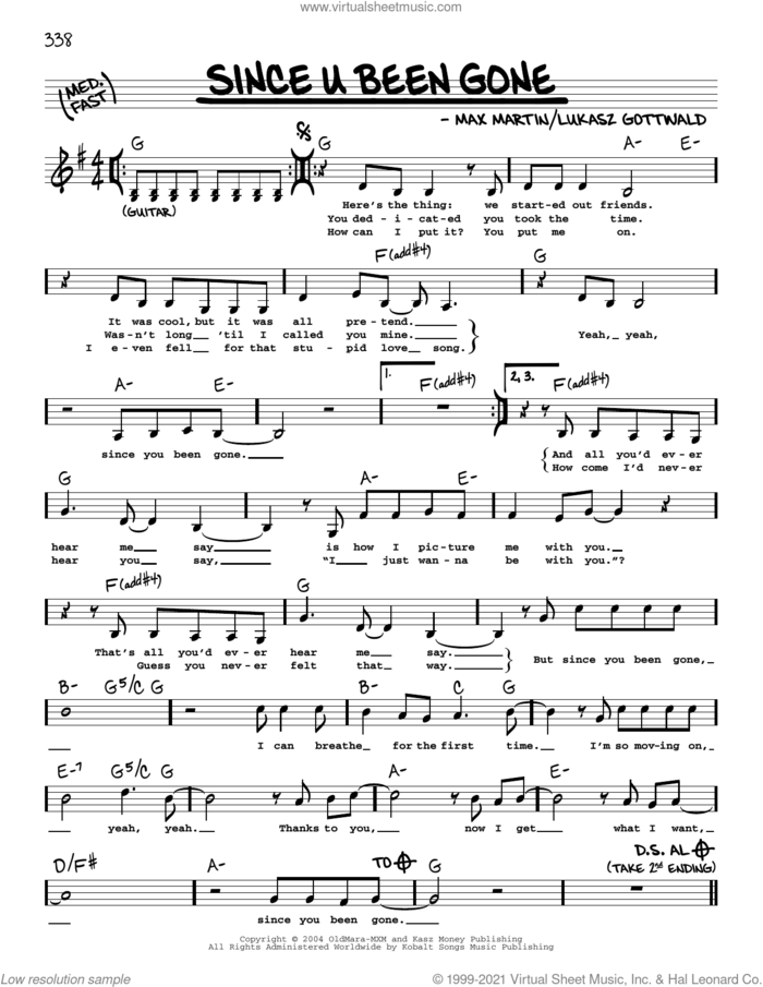Since U Been Gone sheet music for voice and other instruments (real book with lyrics) by Kelly Clarkson, Lukasz Gottwald and Max Martin, intermediate skill level
