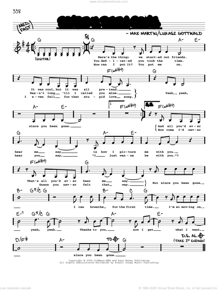 Since U Been Gone sheet music for voice and other instruments (real book with lyrics) by Kelly Clarkson, Lukasz Gottwald and Max Martin, intermediate skill level