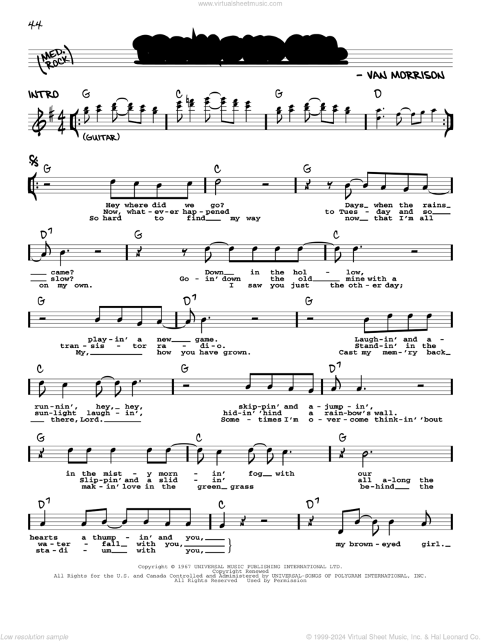 Brown Eyed Girl sheet music for voice and other instruments (real book with lyrics) by Van Morrison, intermediate skill level