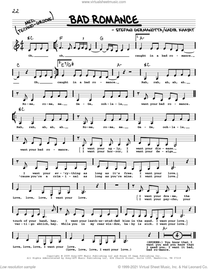 Bad Romance sheet music for voice and other instruments (real book with lyrics) by Lady Gaga and Nadir Khayat, intermediate skill level