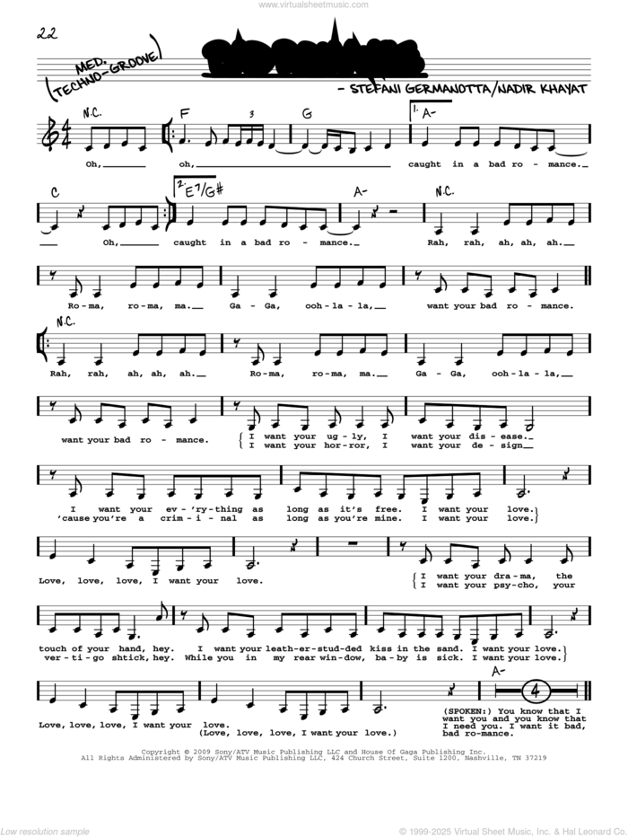 Bad Romance sheet music for voice and other instruments (real book with lyrics) by Lady Gaga and Nadir Khayat, intermediate skill level