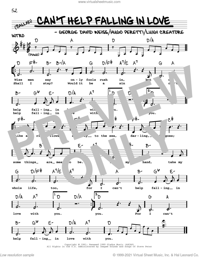 Can't Help Falling In Love sheet music for voice and other instruments (real book with lyrics) by Elvis Presley, George David Weiss, Hugo Peretti and Luigi Creatore, wedding score, intermediate skill level
