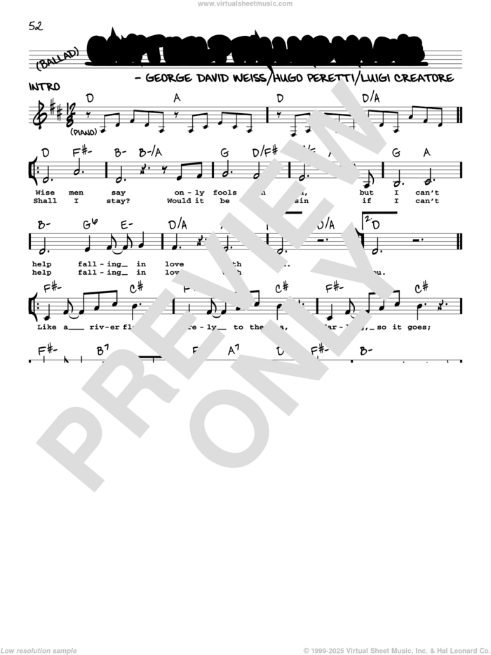 Can't Help Falling In Love sheet music for voice and other instruments (real book with lyrics) by Elvis Presley, George David Weiss, Hugo Peretti and Luigi Creatore, wedding score, intermediate skill level