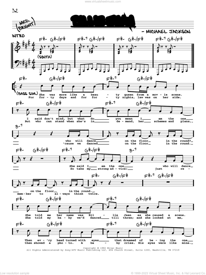 Billie Jean sheet music for voice and other instruments (real book with lyrics) by Michael Jackson, intermediate skill level
