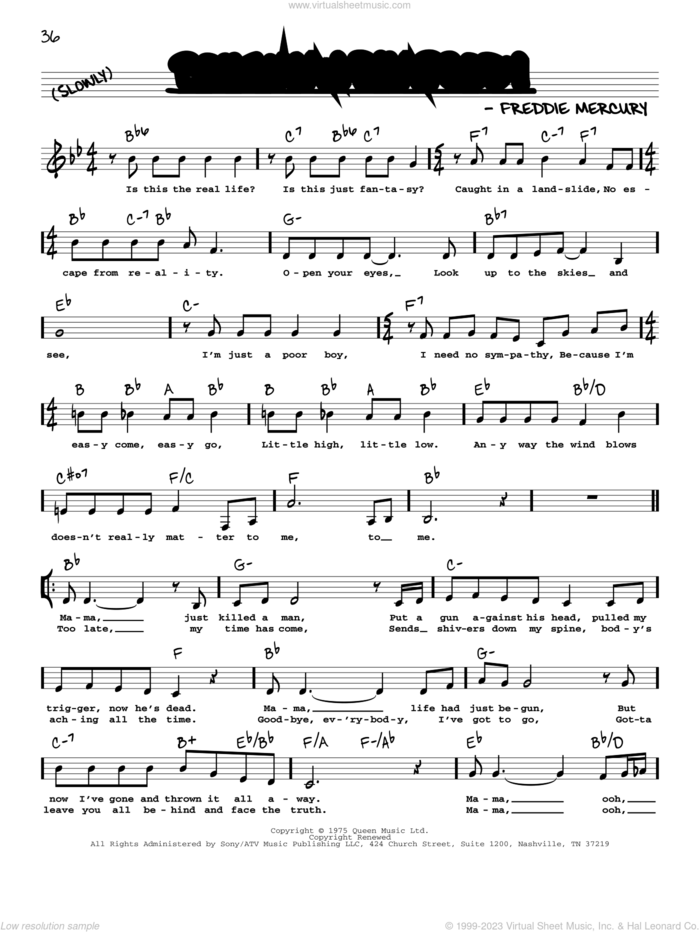 Bohemian Rhapsody sheet music for voice and other instruments (real book with lyrics) by Queen and Freddie Mercury, intermediate skill level