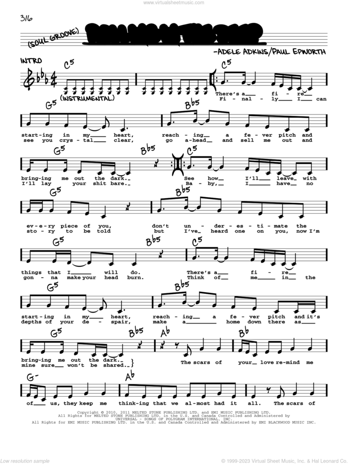 Rolling In The Deep sheet music for voice and other instruments (real book with lyrics) by Adele, Adele Adkins and Paul Epworth, intermediate skill level