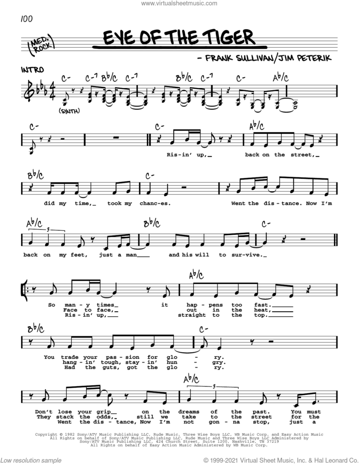 Eye Of The Tiger sheet music for voice and other instruments (real book with lyrics) by Survivor, Frank Sullivan and Jim Peterik, intermediate skill level