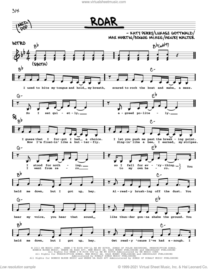 Roar sheet music for voice and other instruments (real book with lyrics) by Katy Perry, Bonnie McKee, Dr. Luke, Henry Walter, Lukasz Gottwald and Max Martin, intermediate skill level