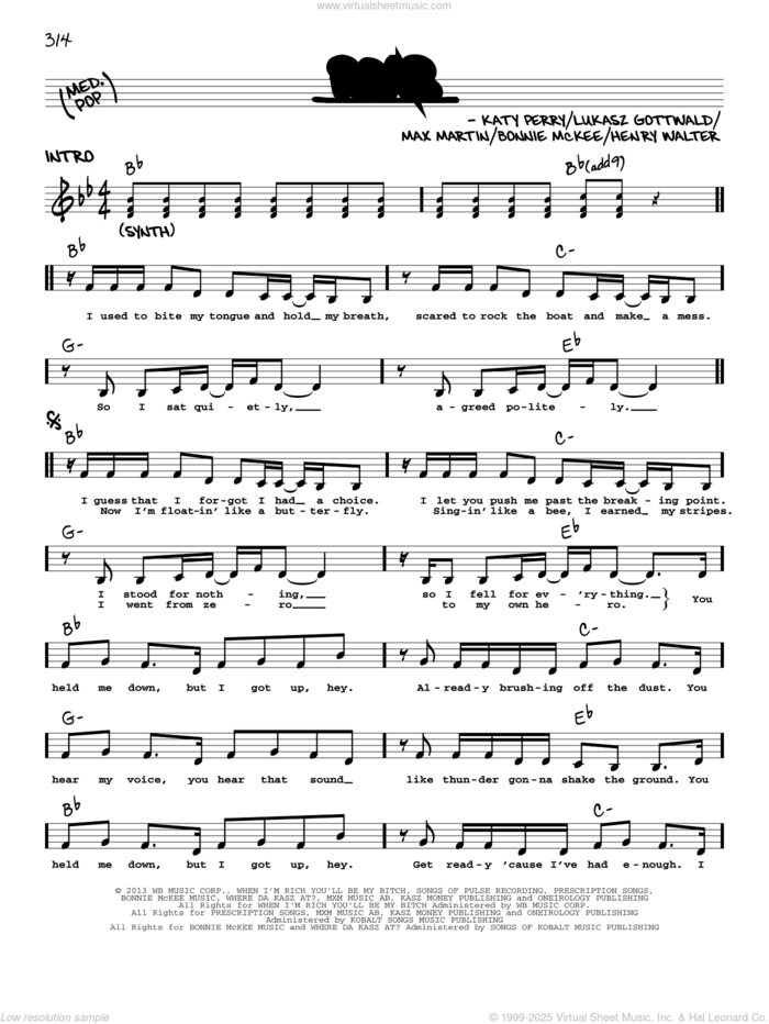 Roar sheet music for voice and other instruments (real book with lyrics) by Katy Perry, Bonnie McKee, Dr. Luke, Henry Walter, Lukasz Gottwald and Max Martin, intermediate skill level