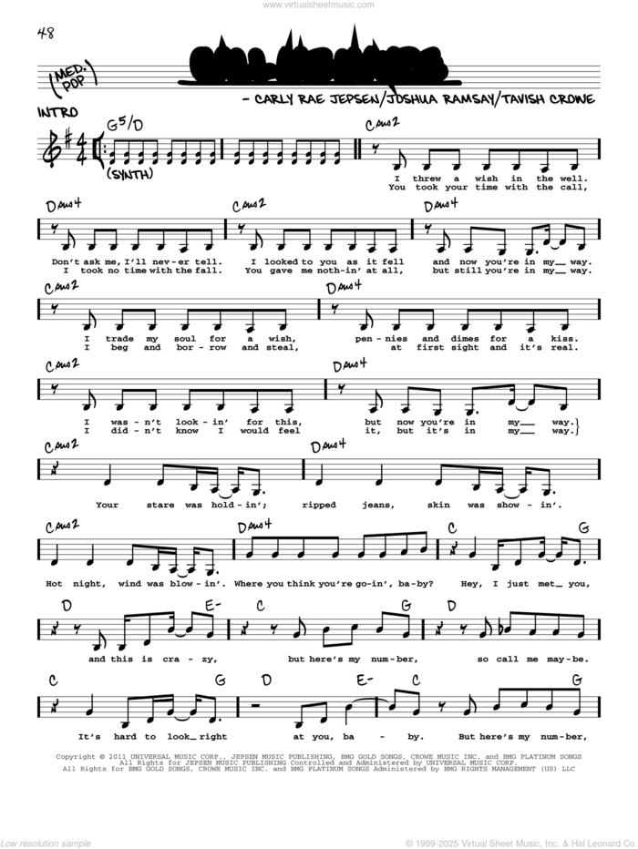 Call Me Maybe sheet music for voice and other instruments (real book with lyrics) by Carly Rae Jepsen, Joshua Ramsay and Tavish Crowe, intermediate skill level