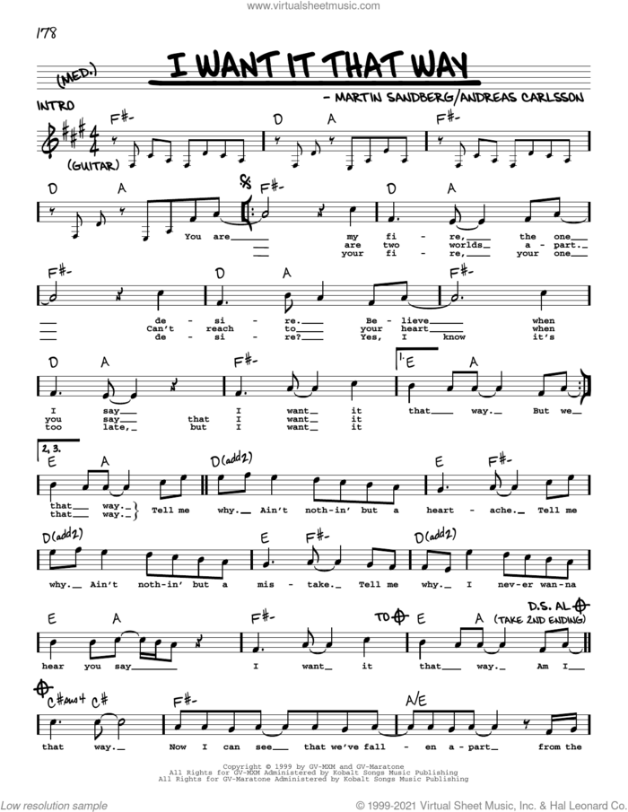 I Want It That Way sheet music for voice and other instruments (real book with lyrics) by Backstreet Boys, Andreas Carlsson and Max Martin, intermediate skill level