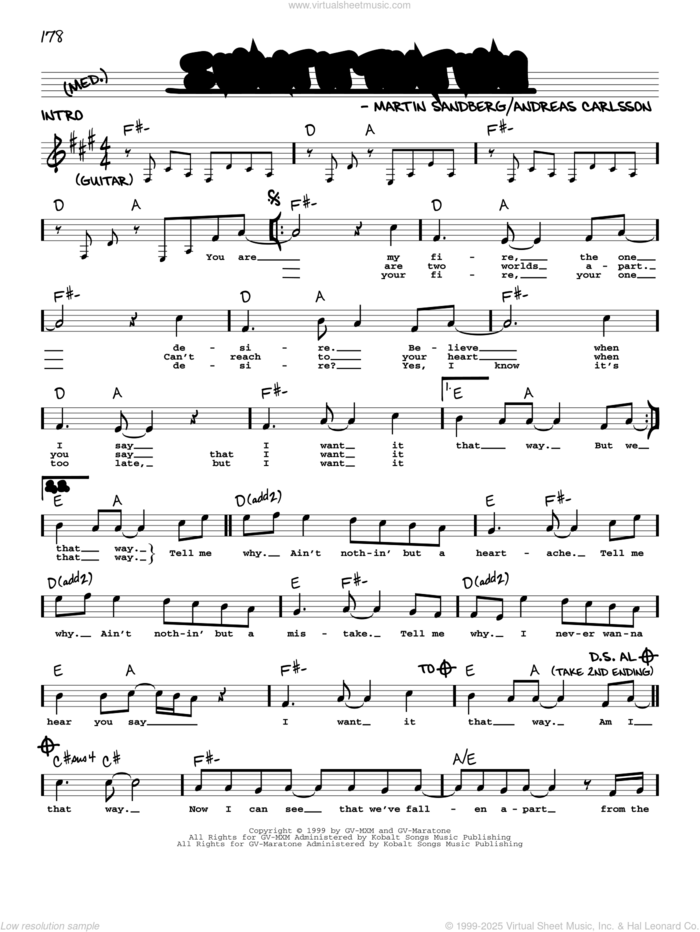 I Want It That Way sheet music for voice and other instruments (real book with lyrics) by Backstreet Boys, Andreas Carlsson and Max Martin, intermediate skill level