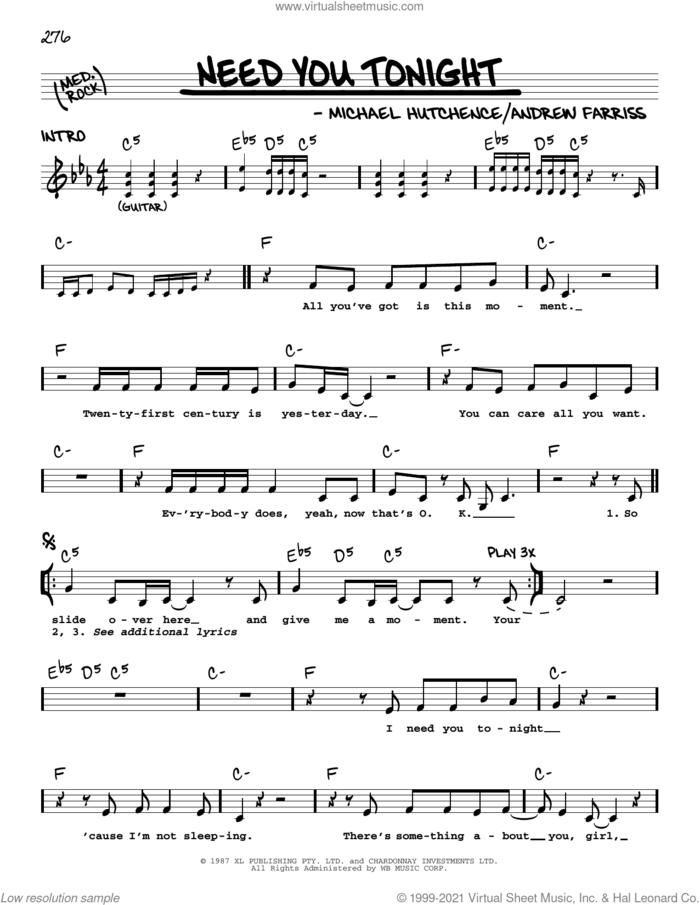 Need You Tonight sheet music for voice and other instruments (real book with lyrics) by INXS, Andrew Farriss and Michael Hutchence, intermediate skill level