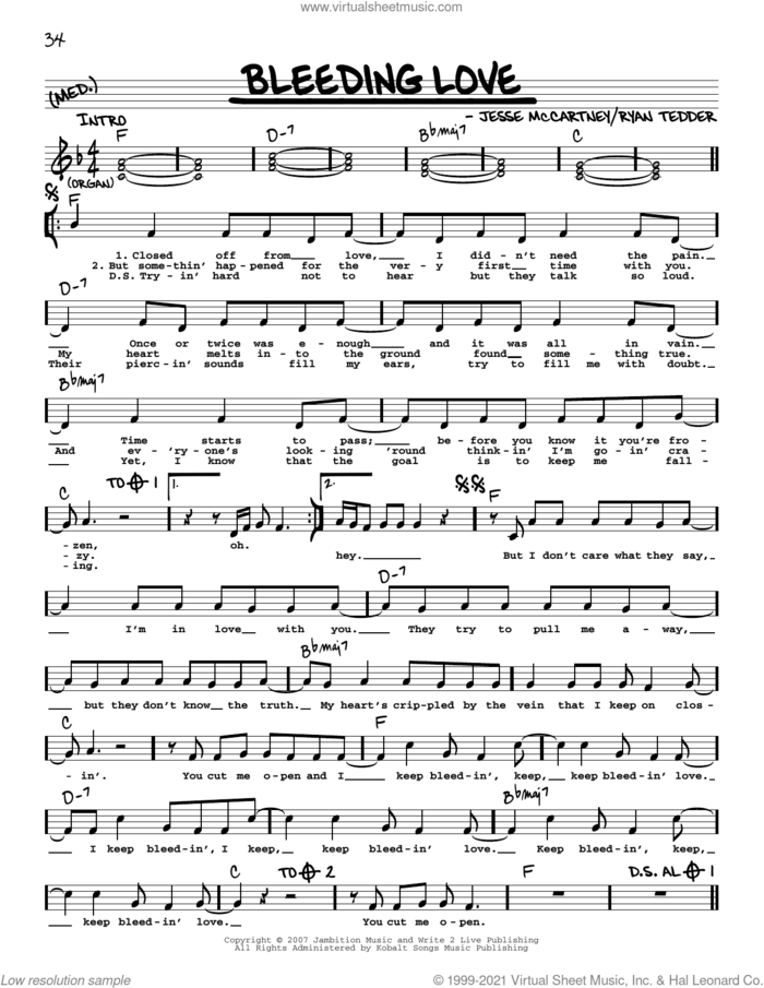 Bleeding Love sheet music for voice and other instruments (real book with lyrics) by Leona Lewis, Jesse McCartney and Ryan Tedder, intermediate skill level