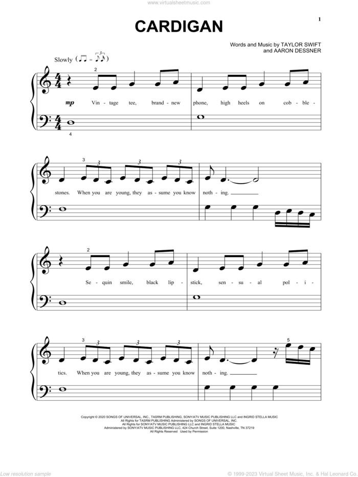 cardigan sheet music for piano solo (big note book) by Taylor Swift and Aaron Dessner, easy piano (big note book)