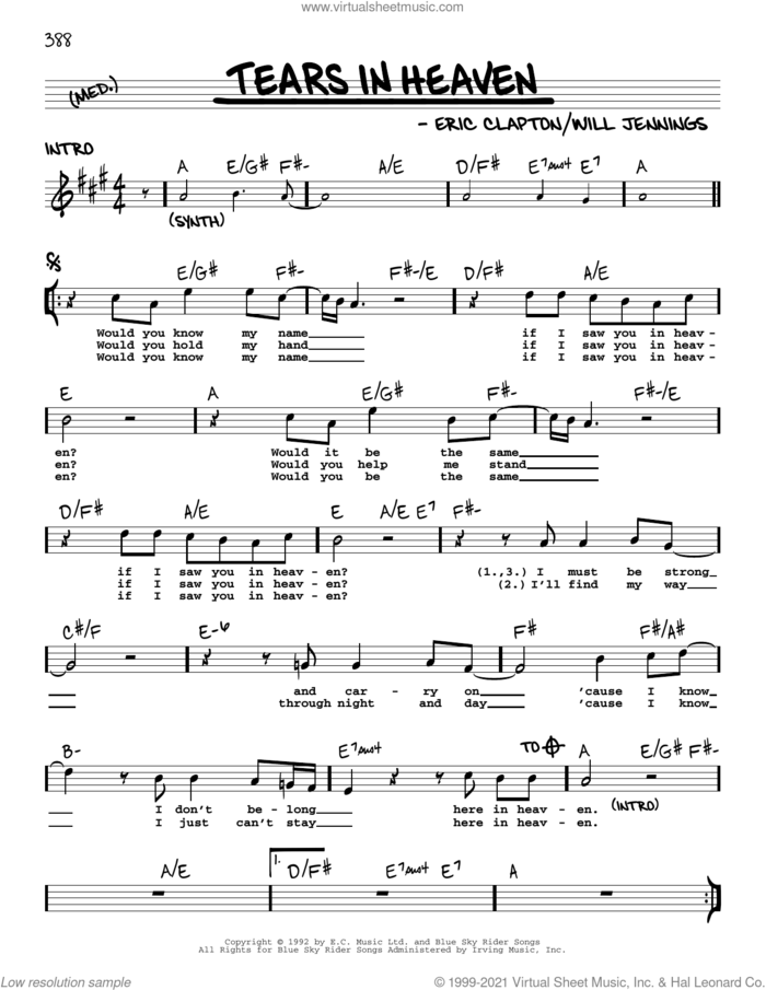 Tears In Heaven sheet music for voice and other instruments (real book with lyrics) by Eric Clapton and Will Jennings, intermediate skill level