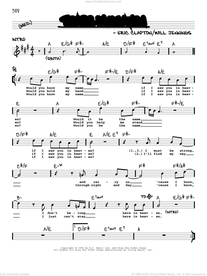 Tears In Heaven sheet music for voice and other instruments (real book with lyrics) by Eric Clapton and Will Jennings, intermediate skill level