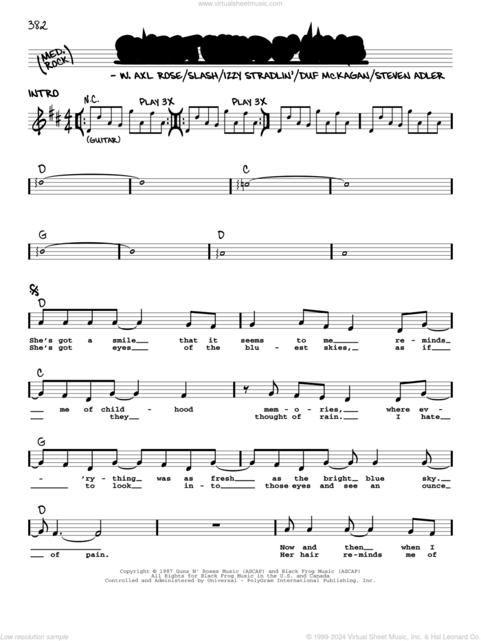 Sweet Child O' Mine sheet music for voice and other instruments (real book with lyrics) by Guns N' Roses, Axl Rose, Duff McKagan, Slash and Steven Adler, intermediate skill level