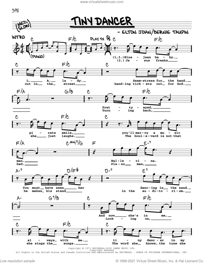 Tiny Dancer sheet music for voice and other instruments (real book with lyrics) by Elton John and Bernie Taupin, intermediate skill level