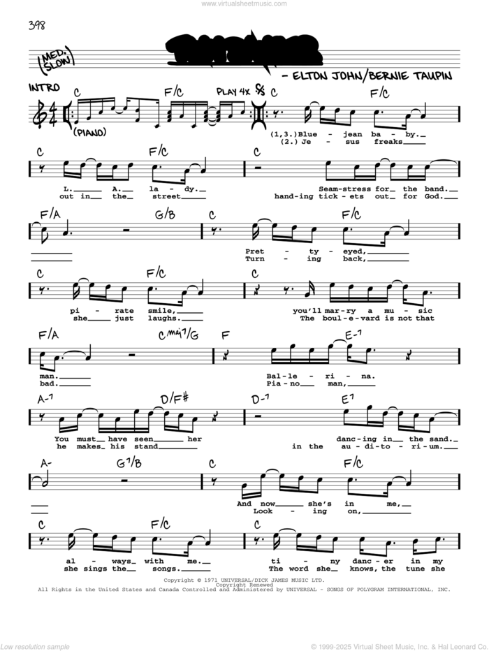 Tiny Dancer sheet music for voice and other instruments (real book with lyrics) by Elton John and Bernie Taupin, intermediate skill level