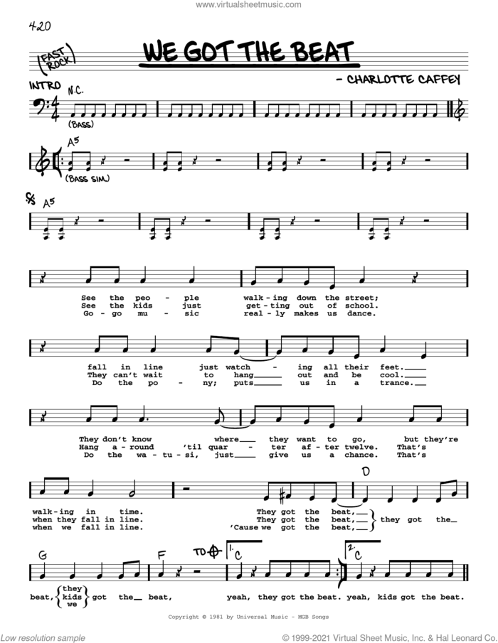 We Got The Beat sheet music for voice and other instruments (real book with lyrics) by The Go Go's and Charlotte Caffey, intermediate skill level