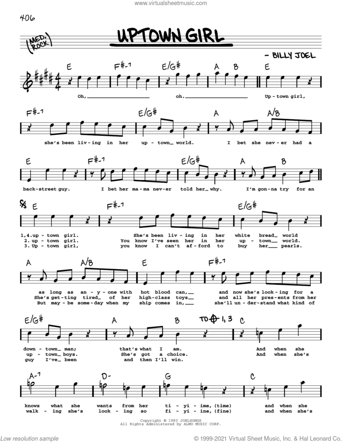Uptown Girl sheet music for voice and other instruments (real book with lyrics) by Billy Joel, intermediate skill level