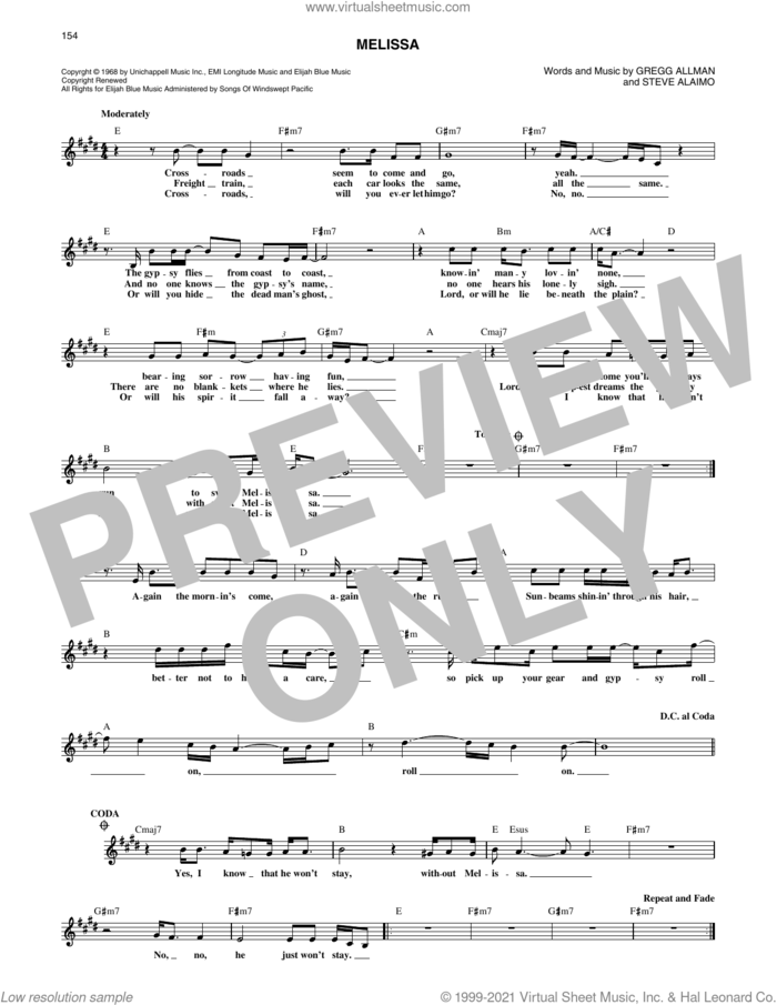 Melissa sheet music for voice and other instruments (fake book) by The Allman Brothers Band, Gregg Allman and Steve Alaimo, intermediate skill level
