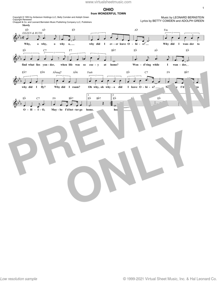 Ohio (from Wonderful Town) sheet music for voice and other instruments (fake book) by Leonard Bernstein, Adolph Green and Betty Comden, intermediate skill level