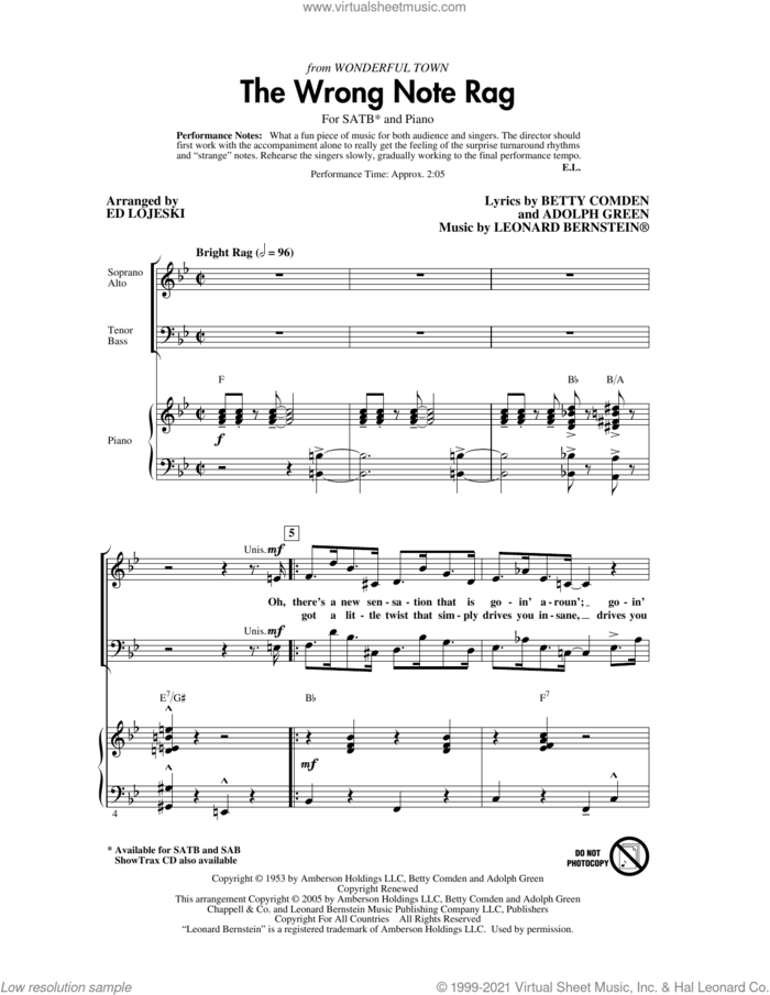 The Wrong Note Rag (from Wonderful Town) (arr. Ed Lojeski) sheet music for choir (SATB: soprano, alto, tenor, bass) by Leonard Bernstein, Ed Lojeski, Adolph Green and Betty Comden, intermediate skill level