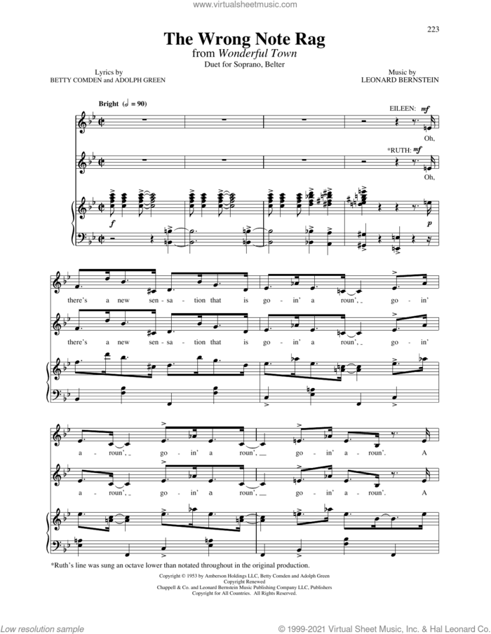 The Wrong Note Rag (from Wonderful Town) (Vocal Duet) sheet music for voice and piano by Leonard Bernstein, Richard Walters, Adolph Green and Betty Comden, intermediate skill level