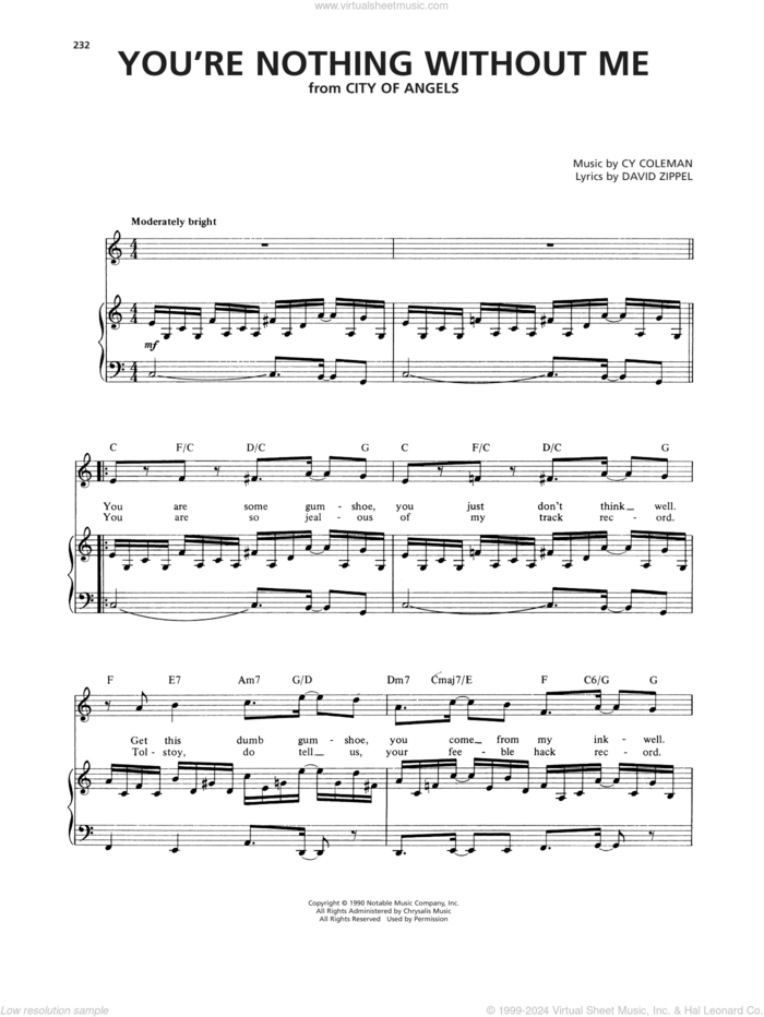You're Nothing Without Me (from City Of Angels) sheet music for voice, piano or guitar by David Zippel and Cy Coleman, intermediate skill level