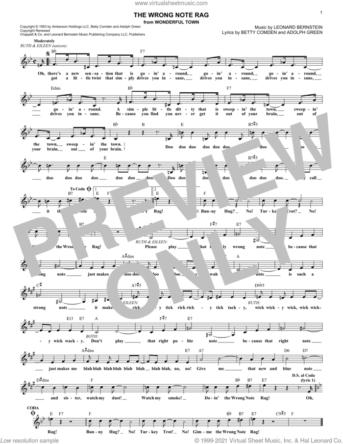 The Wrong Note Rag (from Wonderful Town) sheet music for voice and other instruments (fake book) by Leonard Bernstein, Adolph Green and Betty Comden, intermediate skill level