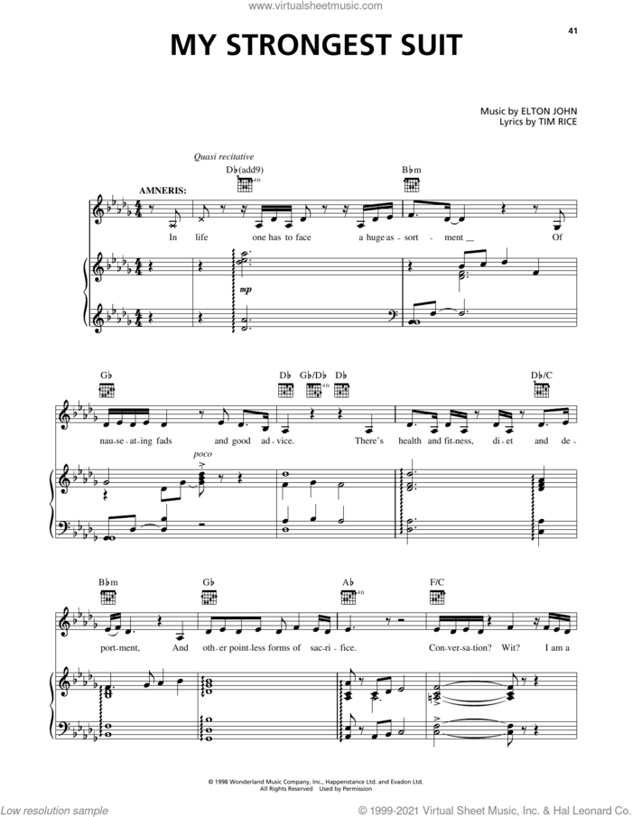 My Strongest Suit (from Aida) sheet music for voice, piano or guitar by Elton John and Tim Rice, intermediate skill level