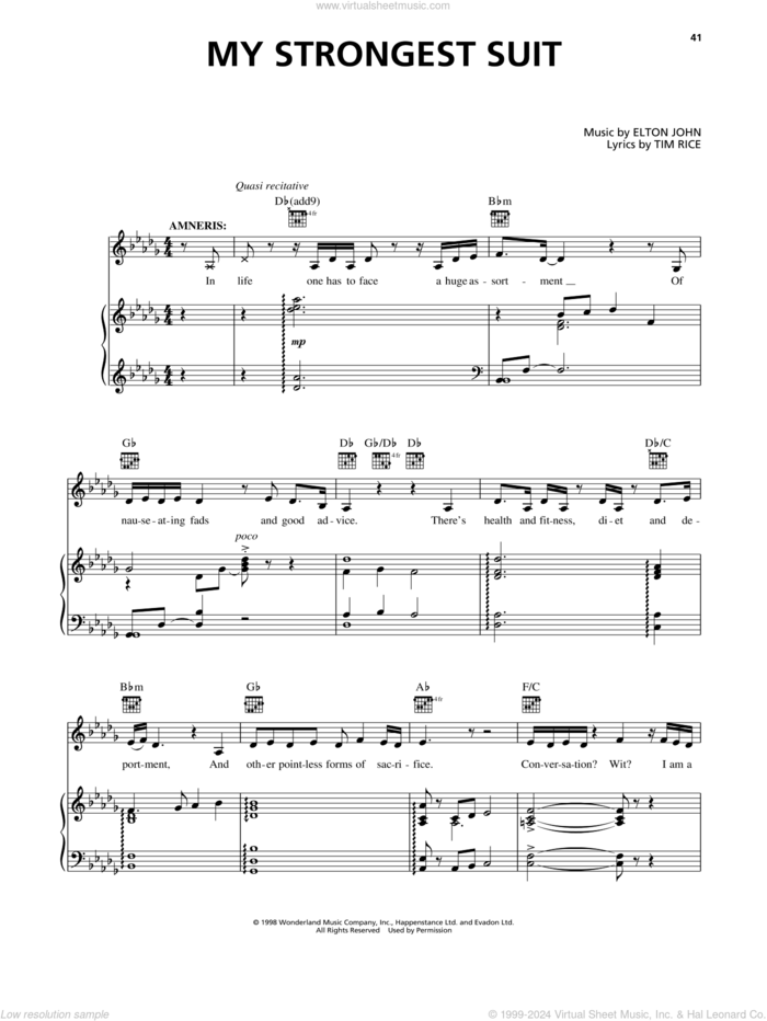 My Strongest Suit (from Aida) sheet music for voice, piano or guitar by Elton John and Tim Rice, intermediate skill level