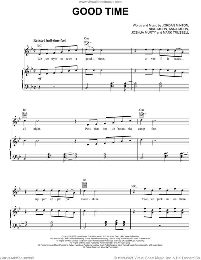 Good Time sheet music for voice, piano or guitar by Niko Moon, Anna Moon, Jordan Minton, Joshua Murty and Mark Trussell, intermediate skill level