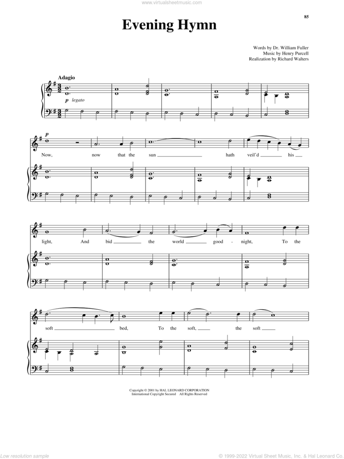 Evening Hymn (High Voice) sheet music for voice and piano (High Voice) by Henry Purcell and Richard Walters, classical score, intermediate skill level