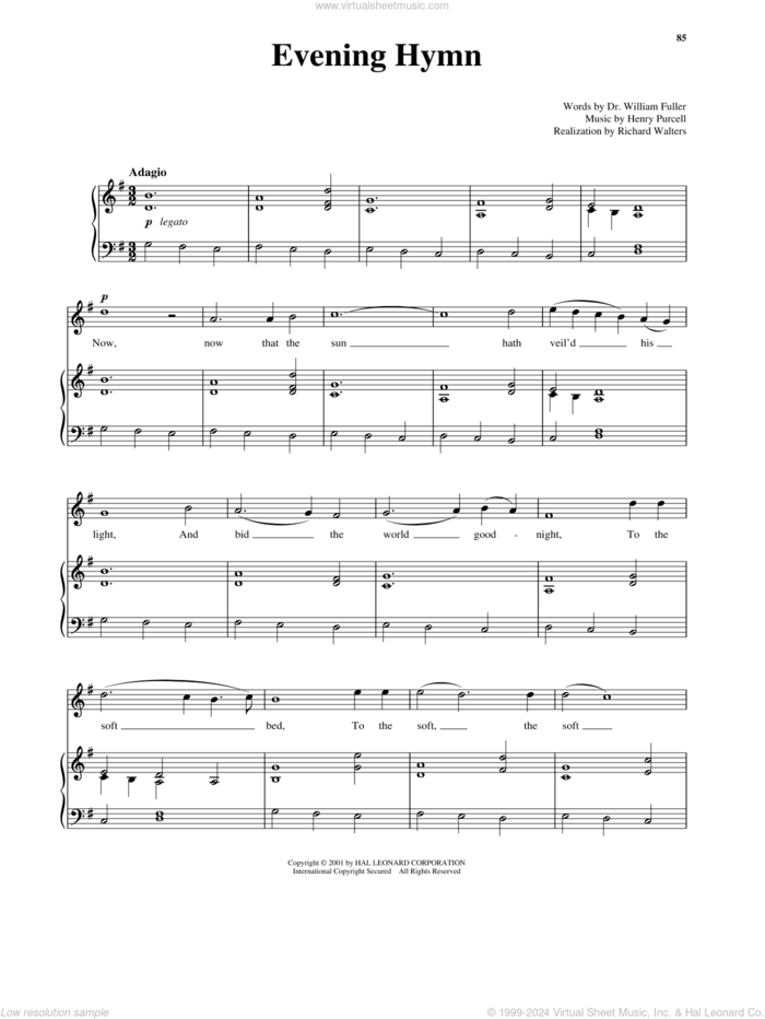 Evening Hymn (High Voice) sheet music for voice and piano (High Voice) by Henry Purcell and Richard Walters, classical score, intermediate skill level