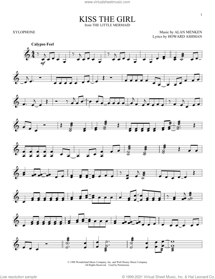 Kiss The Girl (from The Little Mermaid) sheet music for Xylophone Solo (xilofone, xilofono, silofono) by Alan Menken & Howard Ashman, Alan Menken and Howard Ashman, intermediate skill level