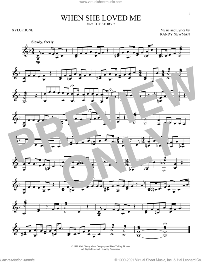 When She Loved Me (from Toy Story 2) sheet music for Xylophone Solo (xilofone, xilofono, silofono) by Sarah McLachlan and Randy Newman, intermediate skill level