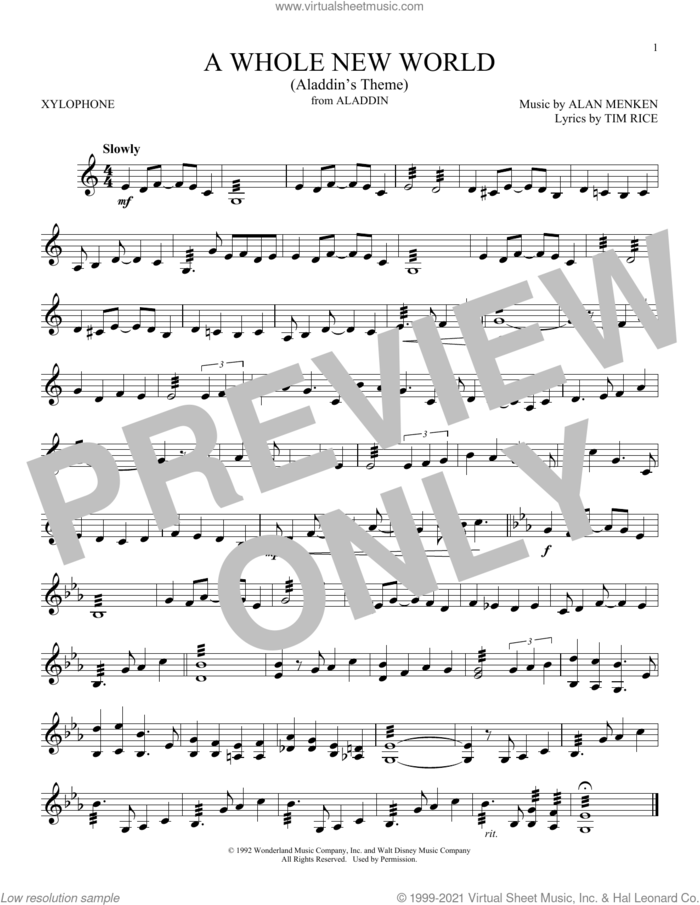 A Whole New World (from Aladdin) sheet music for Xylophone Solo (xilofone, xilofono, silofono) by Alan Menken & Tim Rice, Peabo Bryson and Regina Belle, Alan Menken and Tim Rice, wedding score, intermediate skill level
