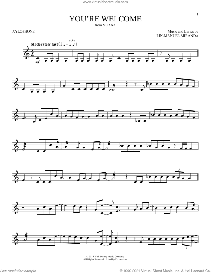You're Welcome (from Moana) sheet music for Xylophone Solo (xilofone, xilofono, silofono) by Lin-Manuel Miranda, intermediate skill level