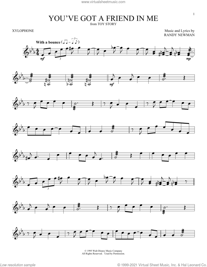 You've Got A Friend In Me (from Toy Story) sheet music for Xylophone Solo (xilofone, xilofono, silofono) by Randy Newman, intermediate skill level