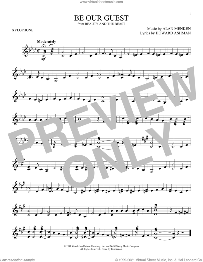 Be Our Guest (from Beauty and The Beast) sheet music for Xylophone Solo (xilofone, xilofono, silofono) by Alan Menken & Howard Ashman, Alan Menken and Howard Ashman, intermediate skill level