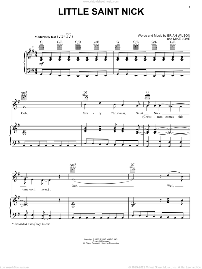 Little Saint Nick (from A Christmas Together) sheet music for voice, piano or guitar by The Beach Boys, John Denver, Brian Wilson and Mike Love, intermediate skill level